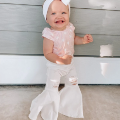 BBL BAILEY'S BLOSSOMS INFANT/TODDLER BARBIE PLEATED DENIM BELL BOTTOM DISTRESSED WHITE